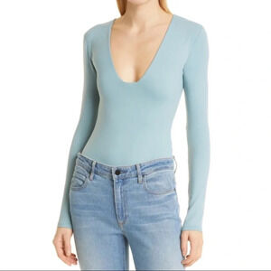 ALIX NYC Jules Body Deep V-Neck Long Sleeve Bodysuit Thong Blue Small NWT $195.